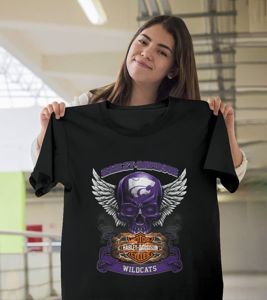 Harley Davidson Kansas State Wildcats Motorcycles Winged Skull T-Shirt