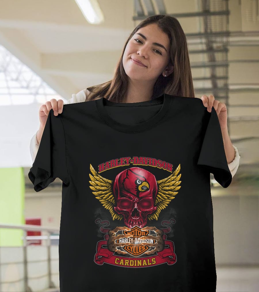 Harley Davidson Louisville Cardinals Skull With Wings T-Shirt