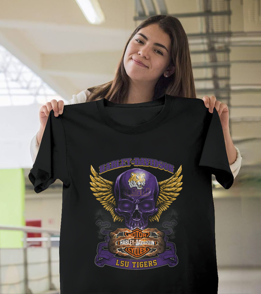 Harley Davidson Lsu Tigers Motorcycles Skull Wings T-Shirt
