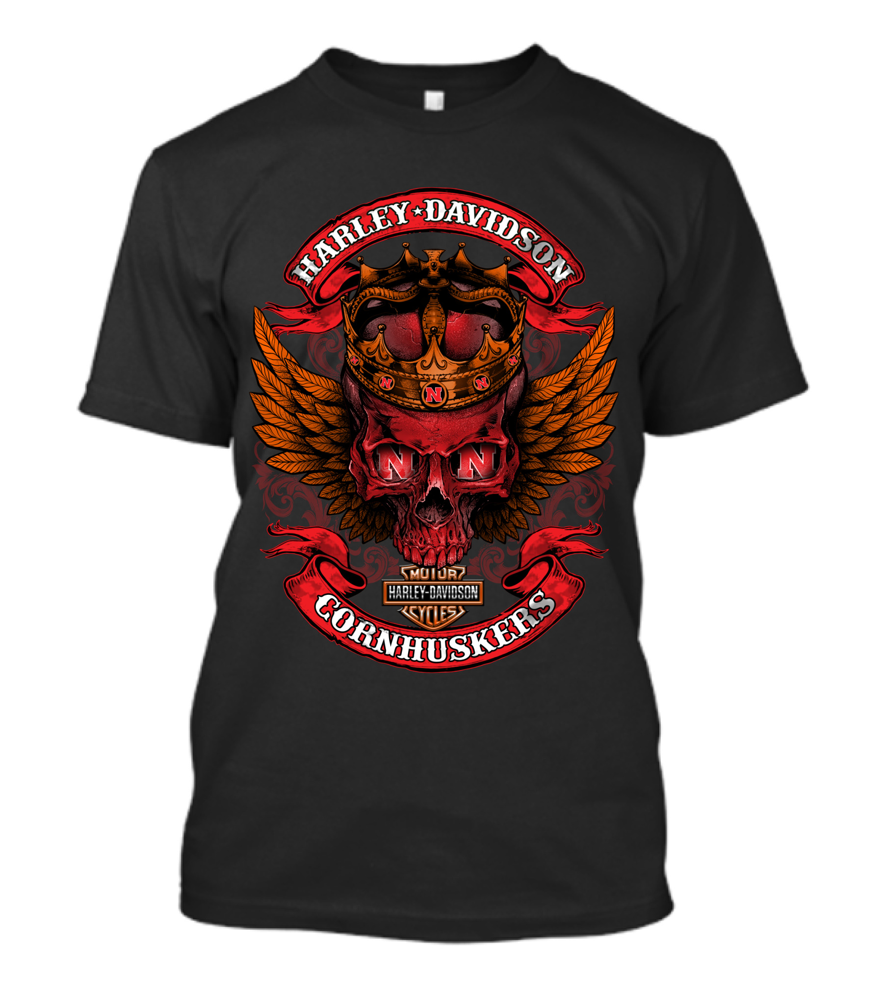 Harley Davidson Cornhuskers Skull Wings Motor Cycles T-Shirt