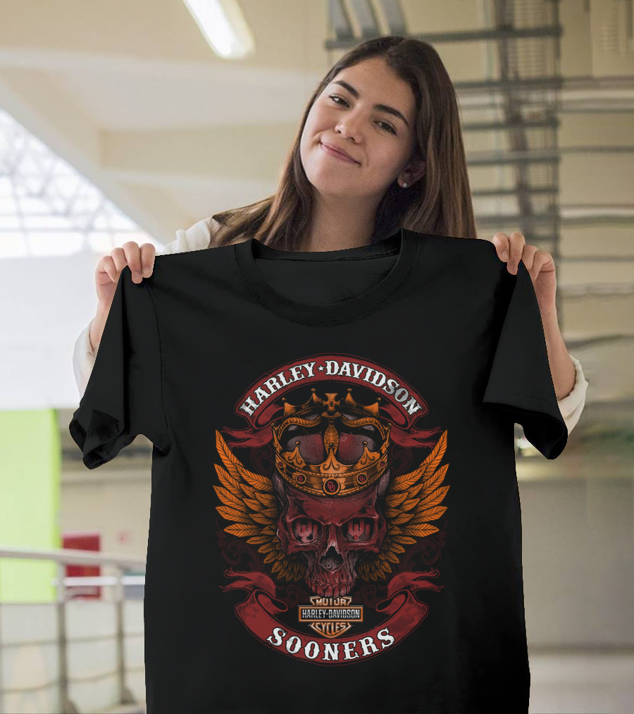 Harley Davidson King Skull Crown Wings Sooner Cycles T-Shirt