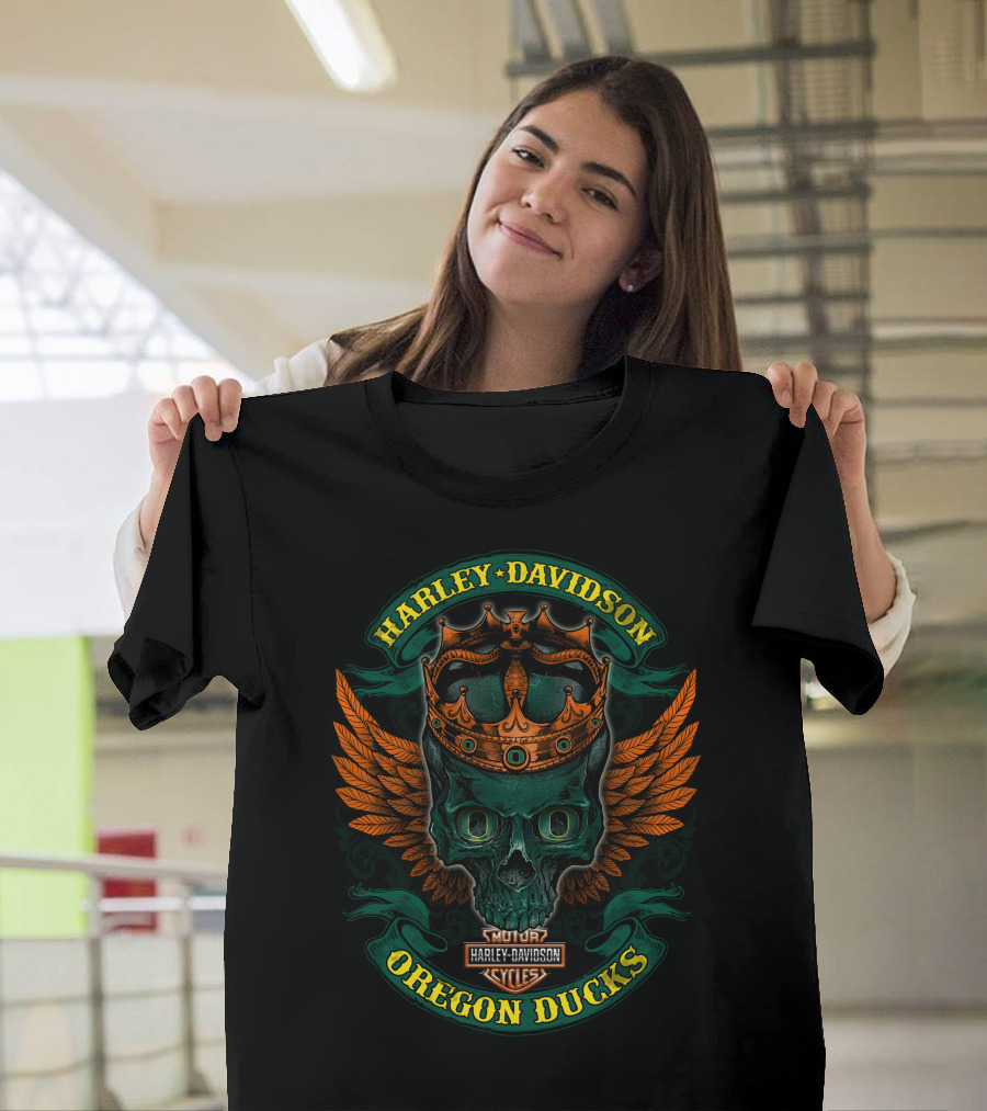 Harley Davidson Oregon Ducks Skull With Crown And Wings T-Shirt