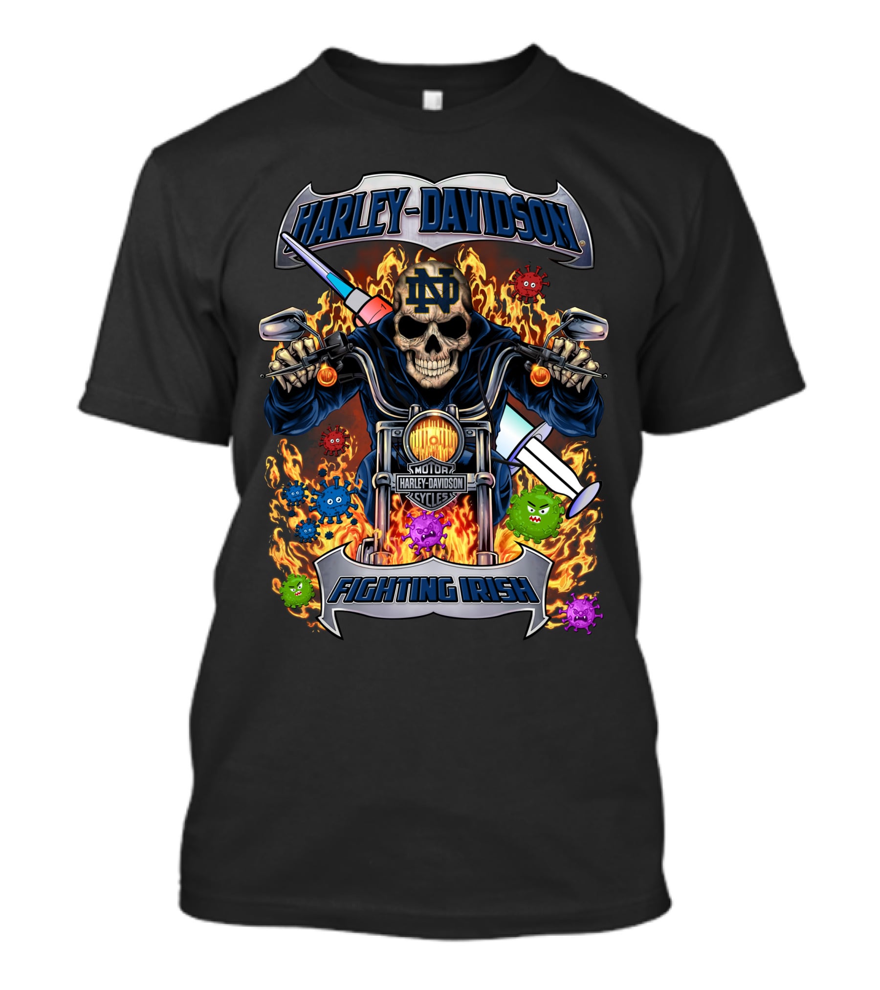 Harley Davidson Notre Dame Fighting Irish Skull Motorcycle Flames Viruses T-Shirt