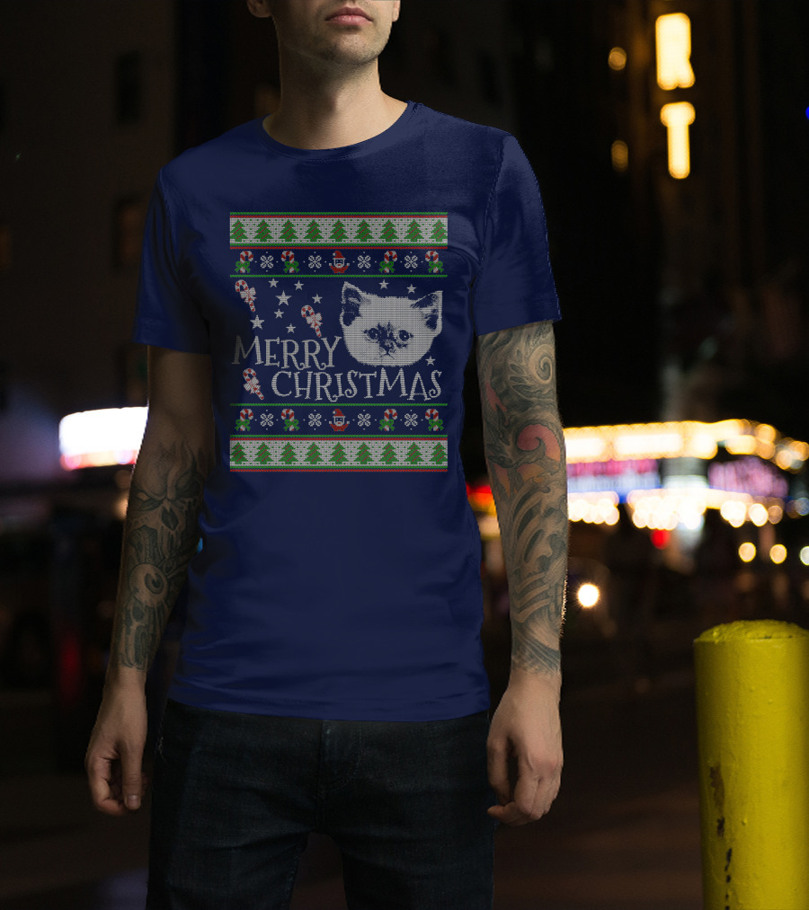 Merry Christmas Cute Persian Kitten Candy Canes Snowflakes Trees T-Shirt
