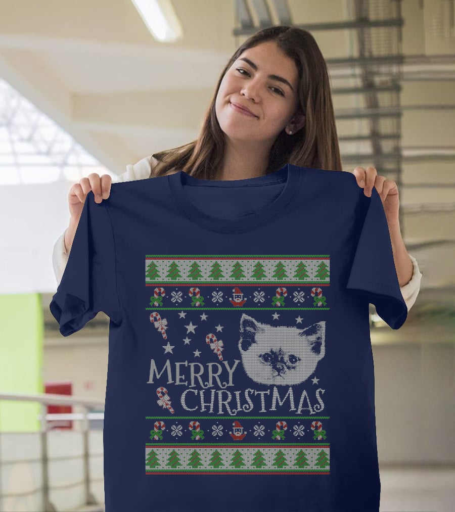 Merry Christmas Cute Persian Kitten Candy Canes Snowflakes Trees T-Shirt