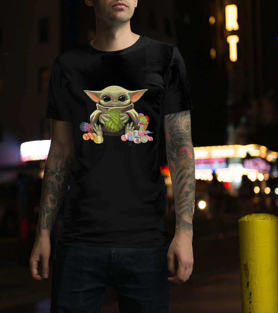 Yoda Baby Holding Yarn Surrounded By Colorful Wool Balls T-Shirt
