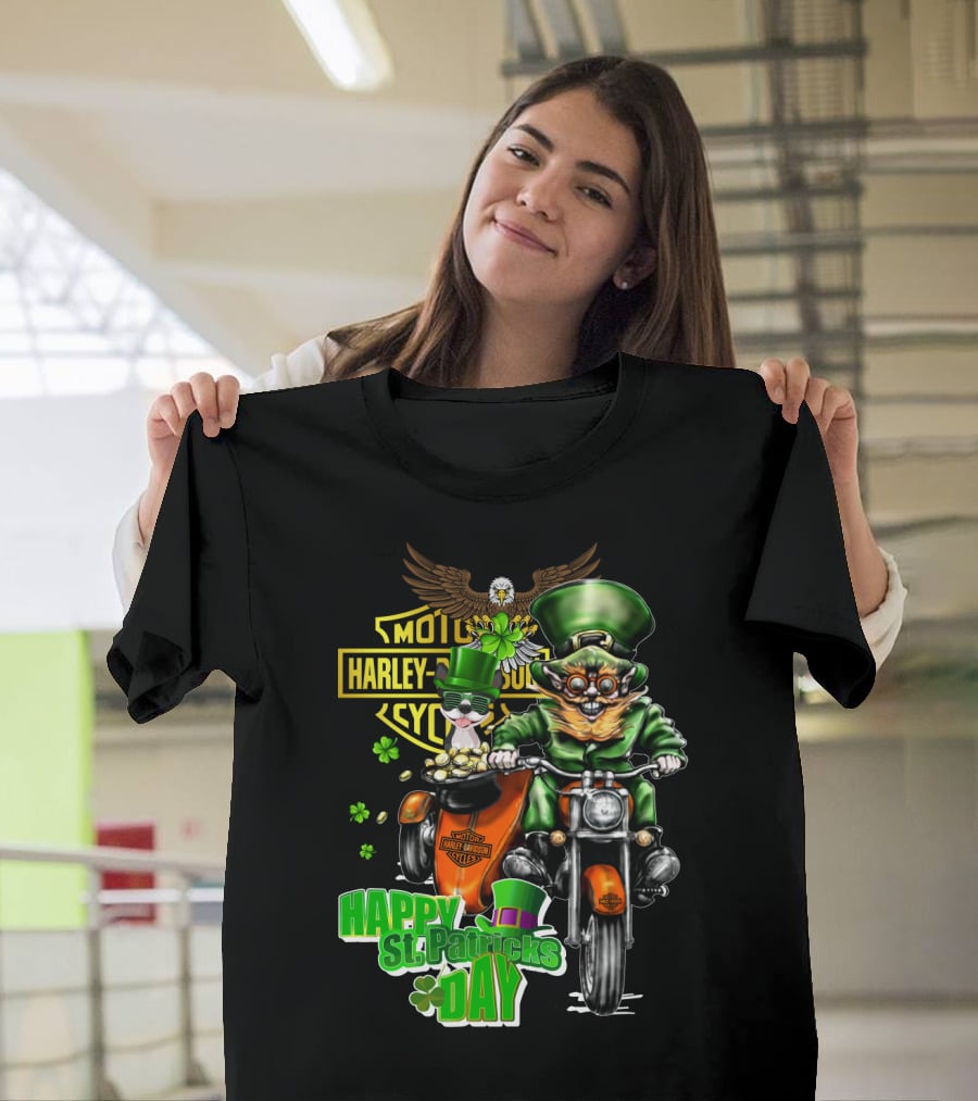 Harley Davidson St. Patrick's Day Boston Terrier Leprechaun Motorcycle T-Shirt