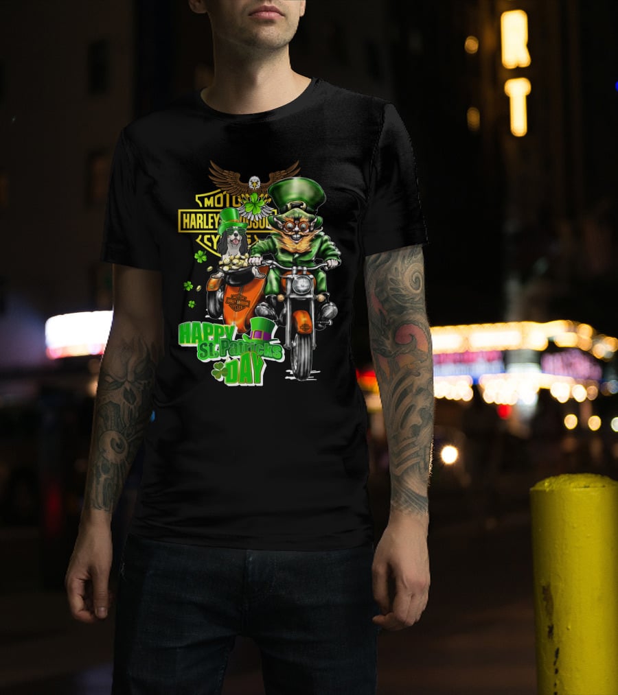 Harley Davidson Happy St. Patrick's Day Cavalier King Charles Spaniel Motorcycle Rider T-Shirt