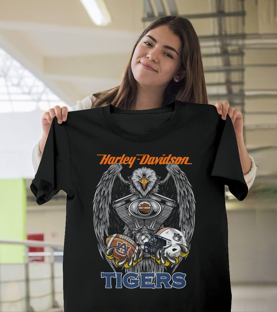 Harley Davidson Auburn Tigers Football Ncaa Helmet And Eagle Engine T-Shirt