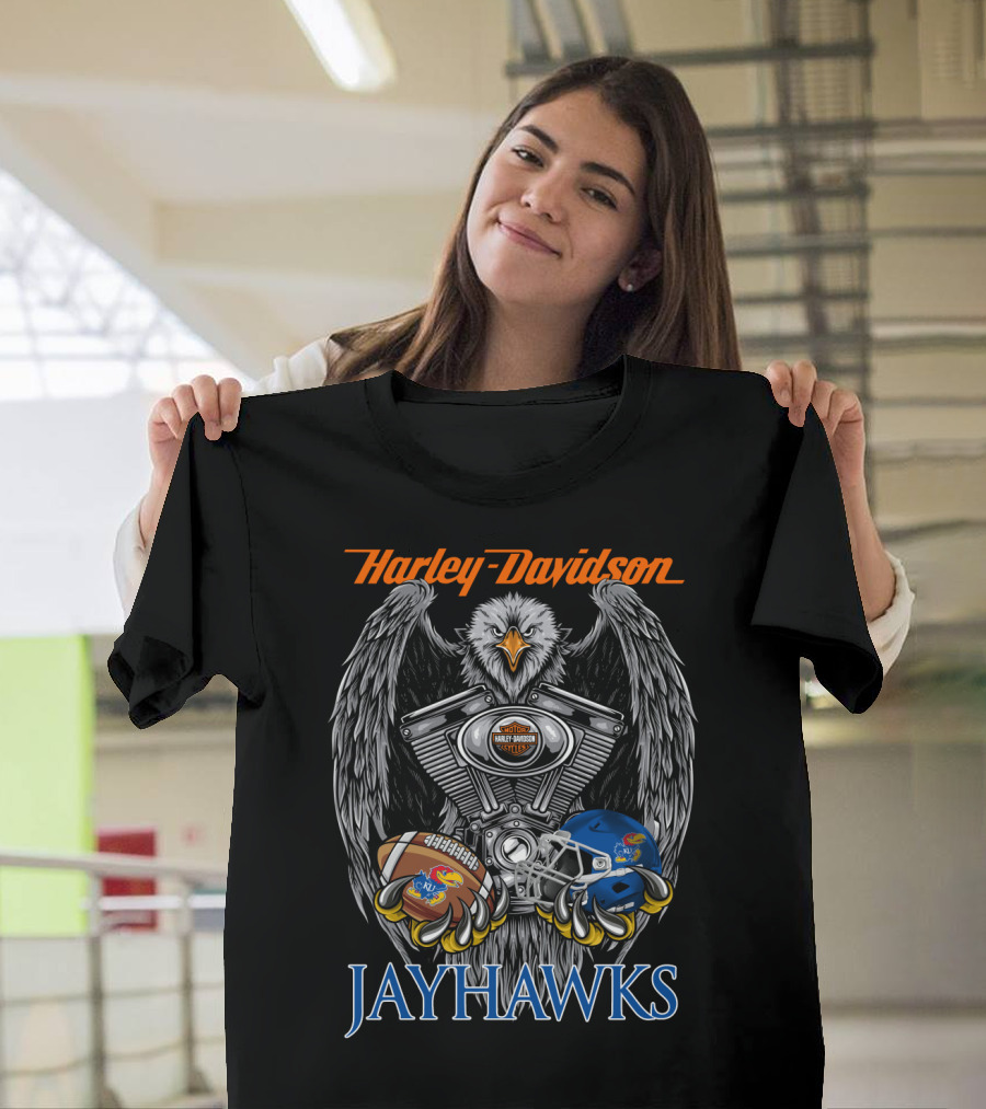 Harley Davidson Jayhawks Kansas Football Helmet And Ball T-Shirt