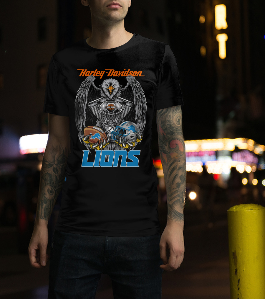 Harley Davidson Detroit Lions Eagle Football Engine T-Shirt