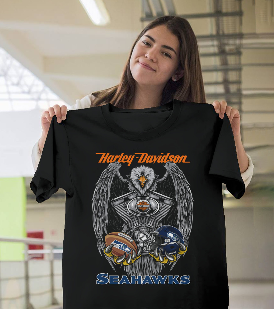 Harley Davidson Seahawks Eagle Football And Helmet T-Shirt