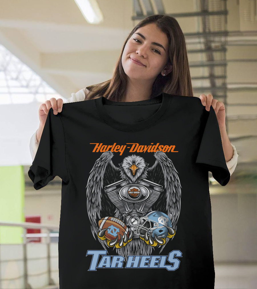 Harley Davidson Tar Heels Eagle With Engine Football And Helmet T-Shirt