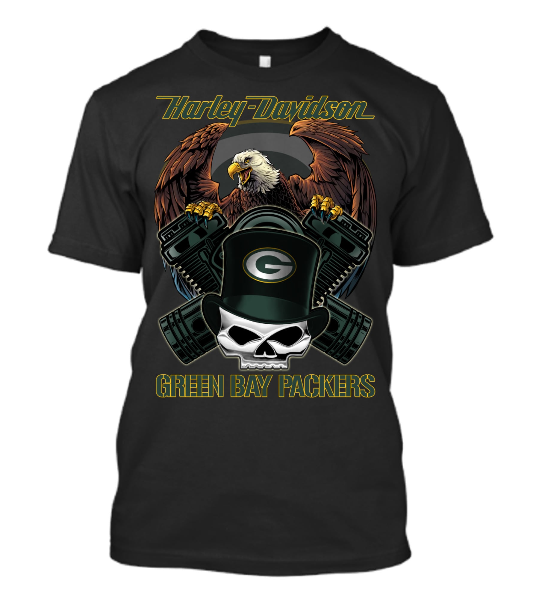 Harley Davidson Green Bay Packers Eagle Skull Motorcycle Art T-Shirt
