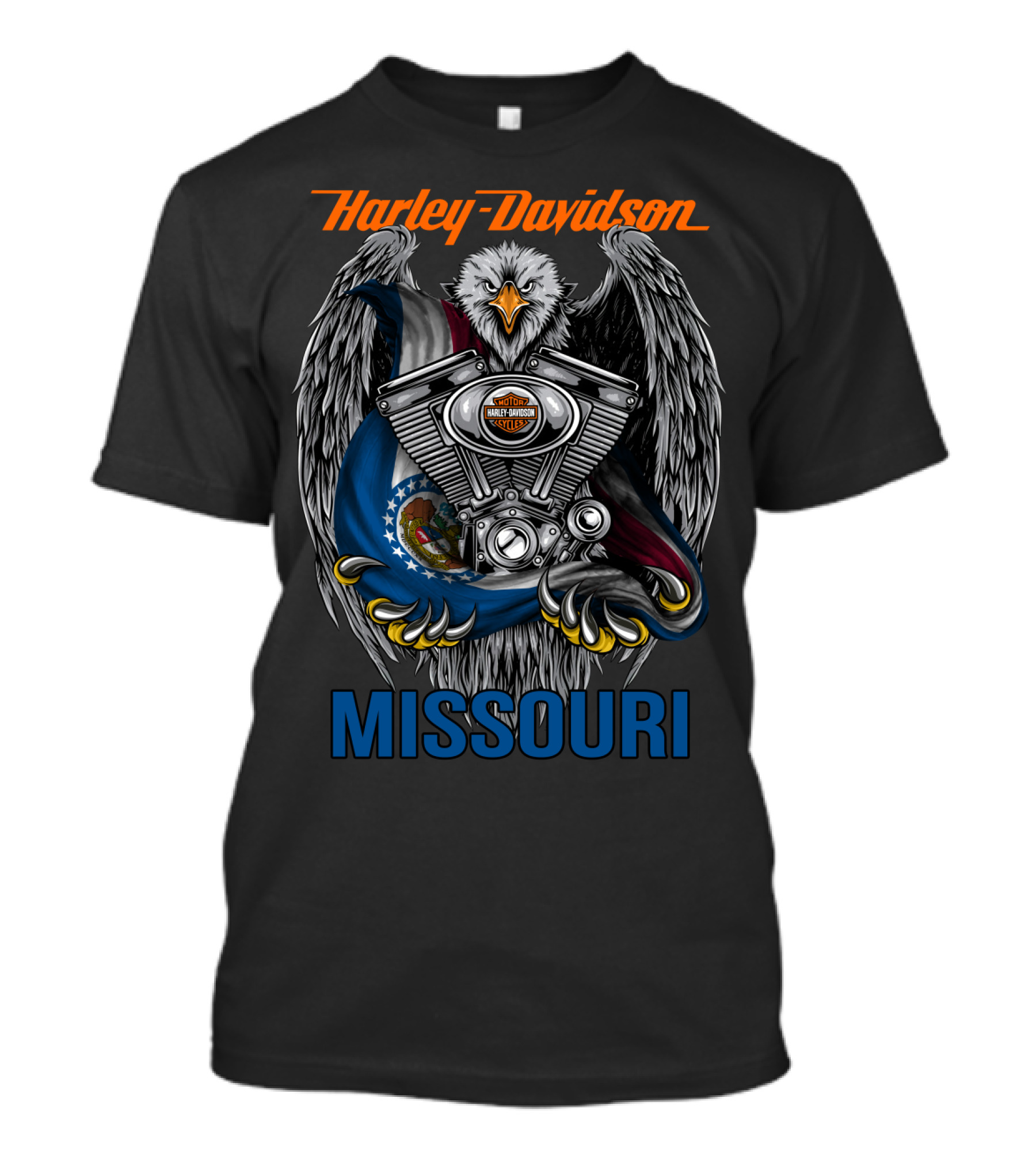 Harley Davidson Missouri Eagle Emblem With Engine And Flag Motif T-Shirt