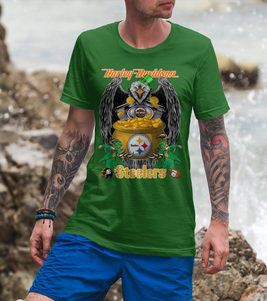 Harley Davidson Steelers Eagle Leprechaun Gold Nfl Pittsburgh T-Shirt