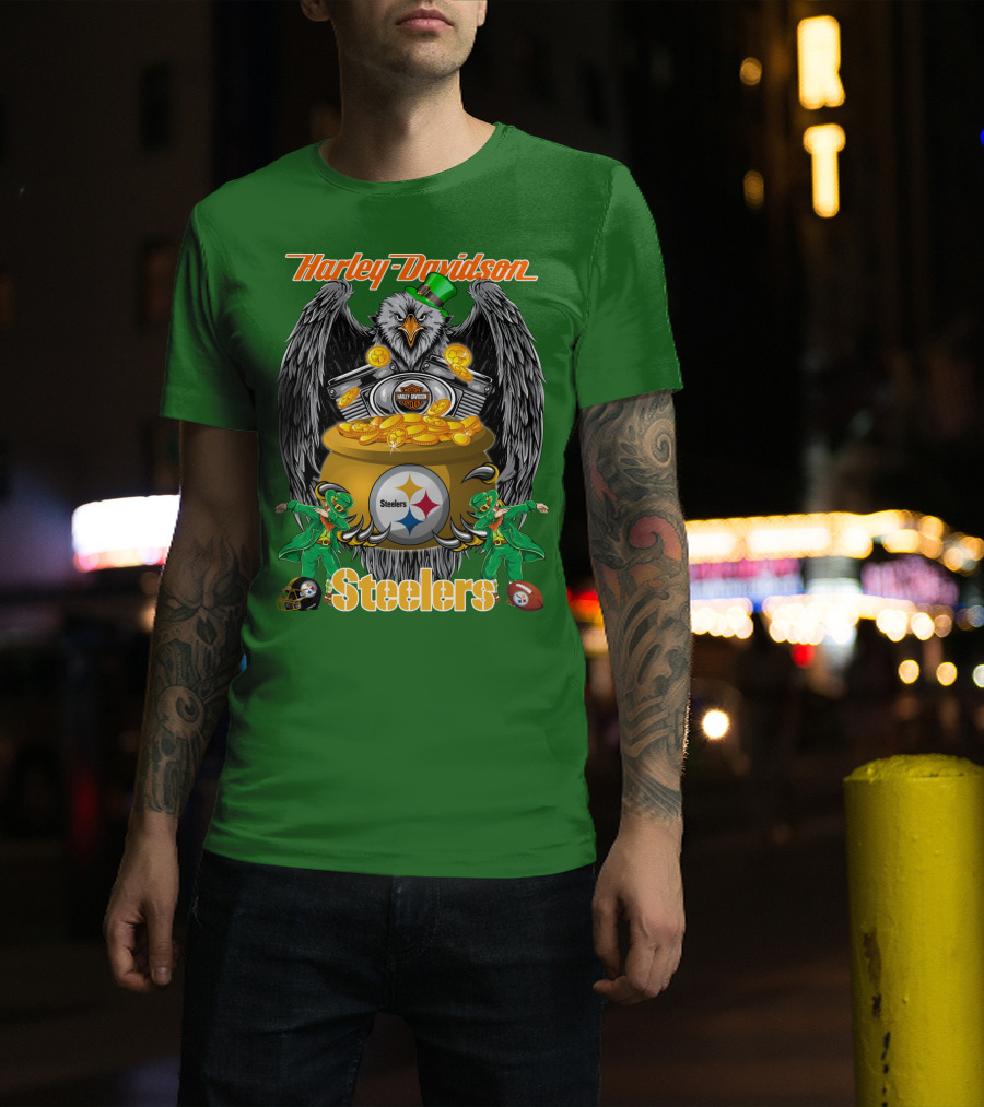Harley Davidson Steelers Eagle Leprechaun Gold Nfl Pittsburgh T-Shirt