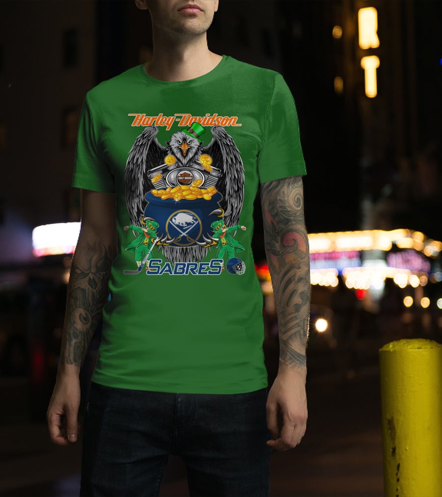 Harley Davidson Sabres Nhl Buffalo St. Patrick's Day Eagle And Pot Of Gold T-Shirt
