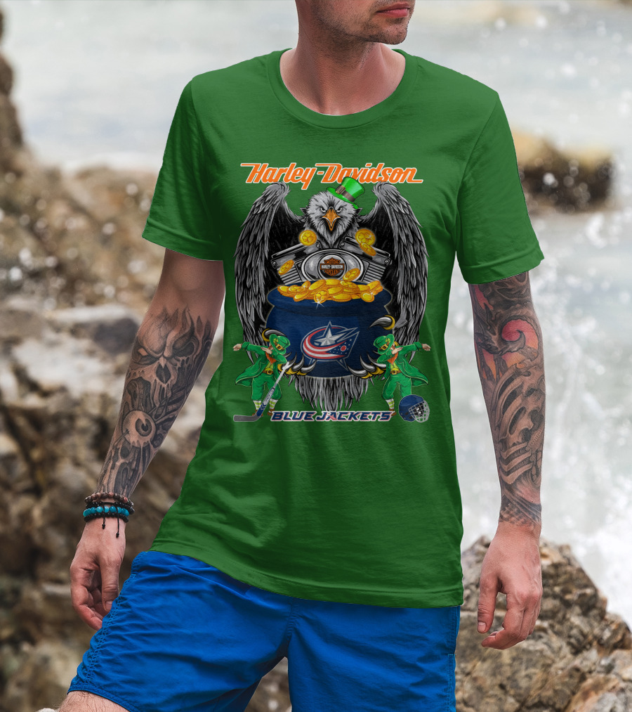 Harley Davidson Columbus Blue Jackets Nhl Eagle Leprechaun Gold Coins Green Hat T-Shirt
