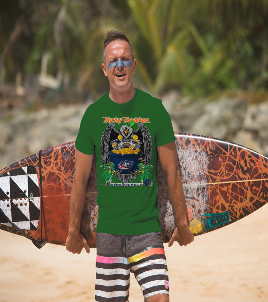 Harley Davidson Columbus Blue Jackets Nhl Eagle Leprechaun Gold Coins Green Hat T-Shirt