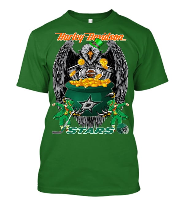 Harley Davidson Dallas Stars Nhl Eagle With Leprechauns And Hockey Gear T-Shirt