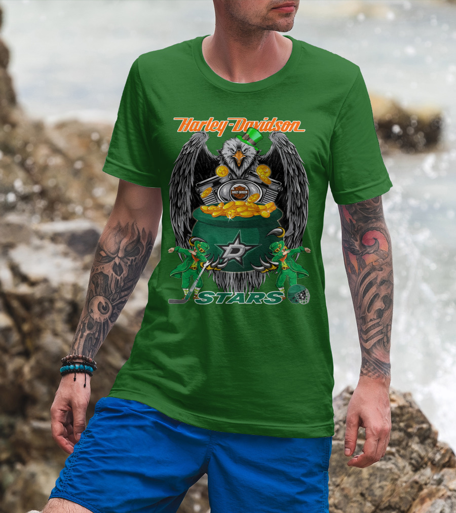 Harley Davidson Dallas Stars Nhl Eagle With Leprechauns And Hockey Gear T-Shirt