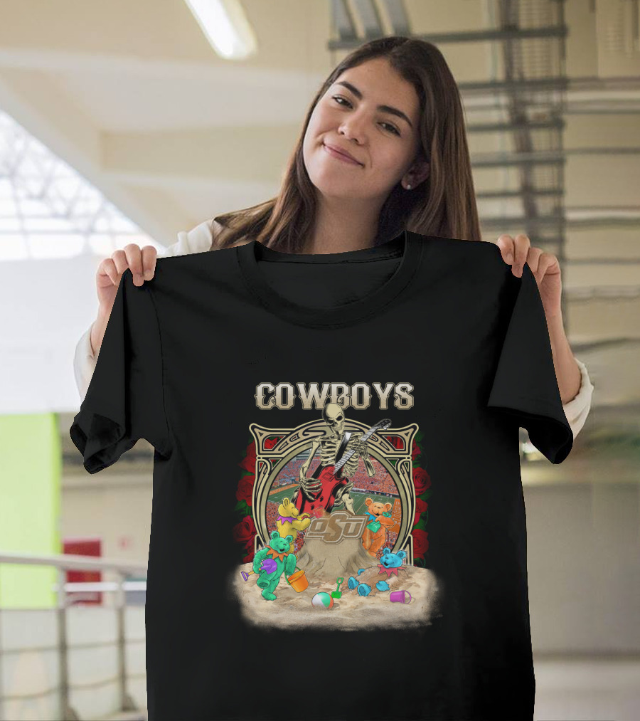 Cowboys Skeleton Guitar With Osu Ncaa1 63 Teddy Bears T-Shirt