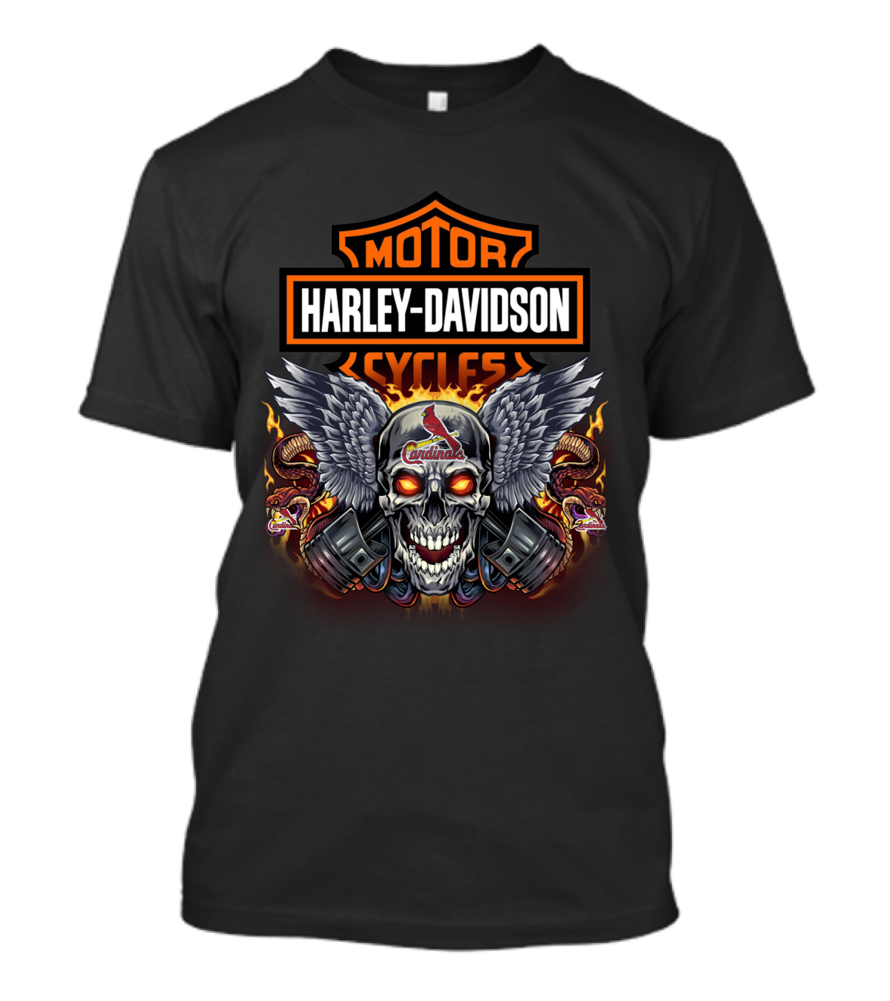 Harley Davidson Motor Cycles Skull With Cardinals Logo And Serpents T-Shirt