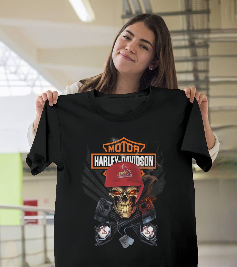 Harley Davidson Skull With St Louis Cardinals Cap And Baseball Pistons T-Shirt
