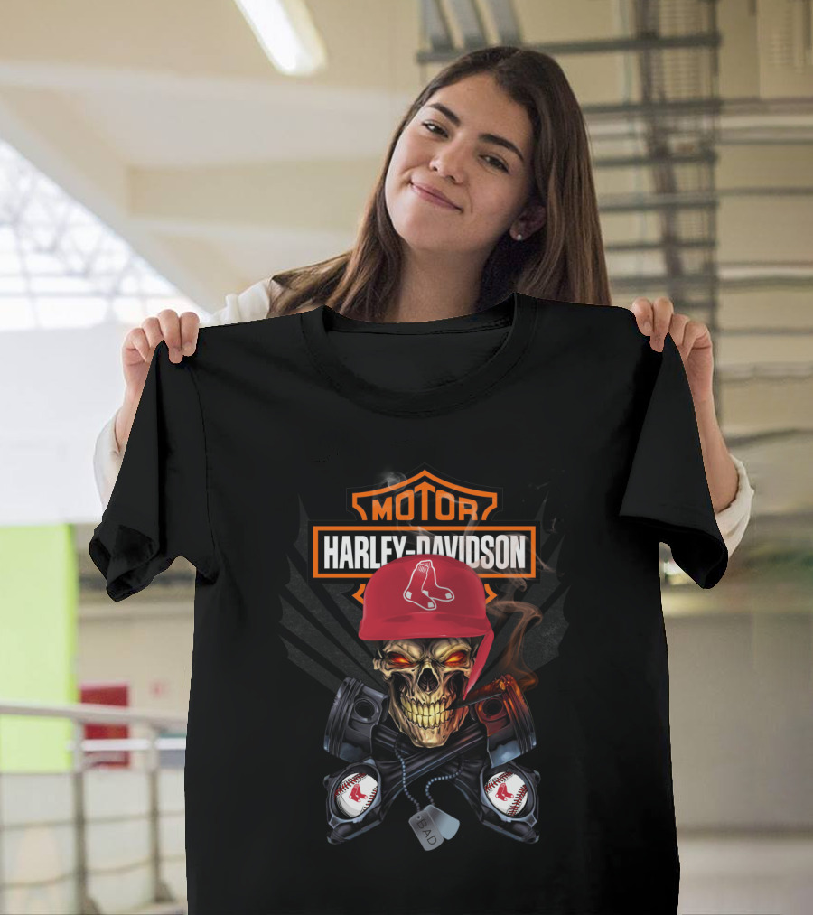 Harley Davidson Skull With Red Sox Baseball Helmet T-Shirt