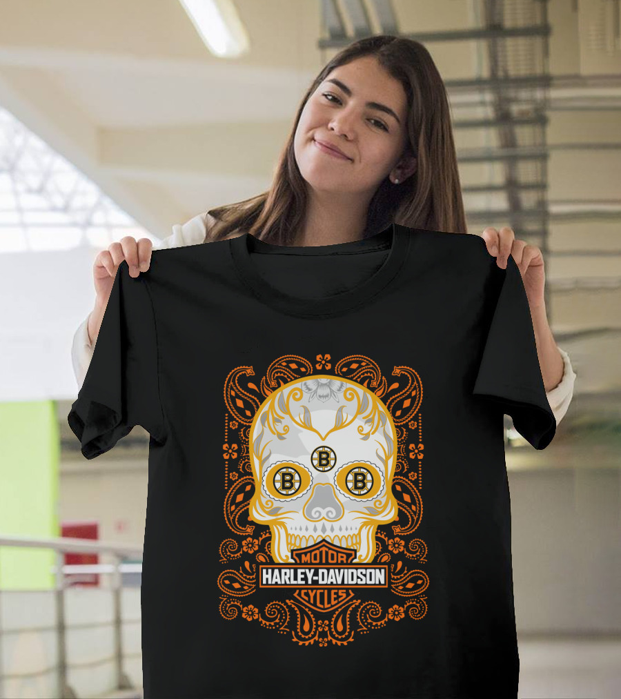 Harley Davidson Motor Cycles Boston Bruins Nhl Sugar Skull T-Shirt