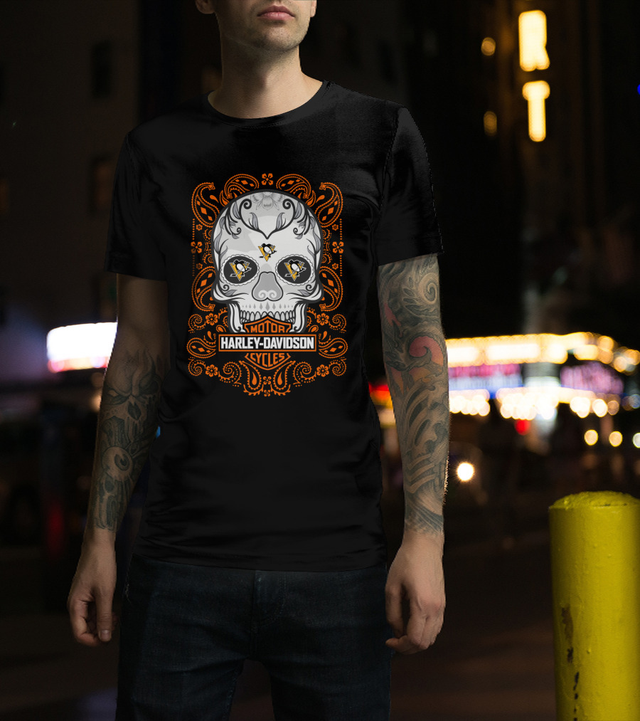 Harley Davidson Motor Cycles Skull Nhl Penguins T-Shirt