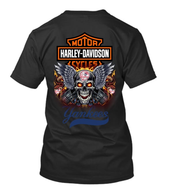 Harley Davidson Motor Cycles Yankees Skull Wings T-Shirt
