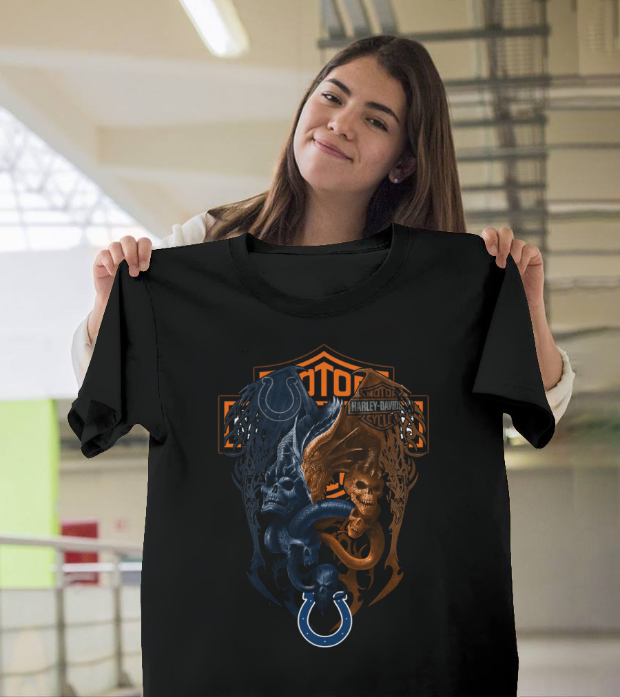 Harley Davidson Nfl Colts Fusion Skulls Serpent Motif T-Shirt