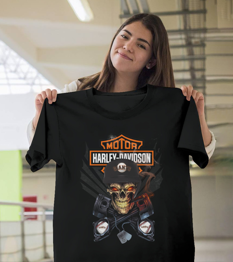 Motor Harley Davidson Giants Skull With Baseball Pistons T-Shirt