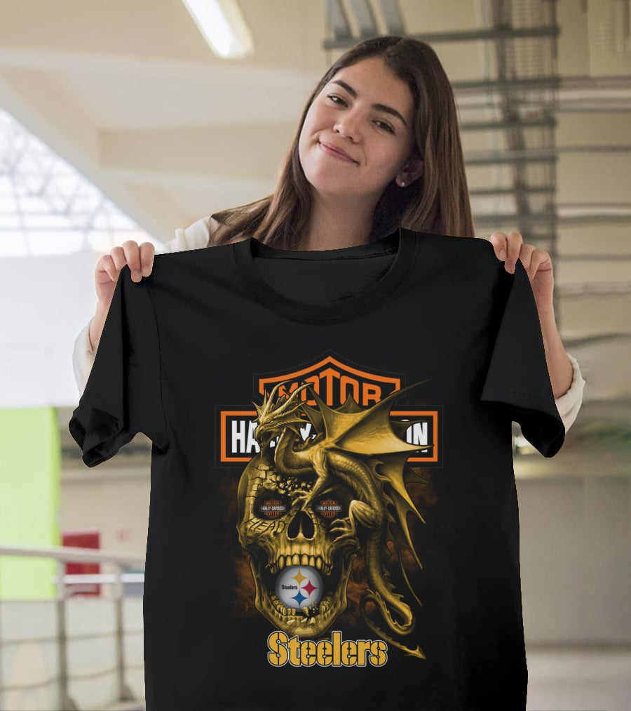 Motor Harley Davidson Steelers Dragon Skull Pittsburgh T-Shirt