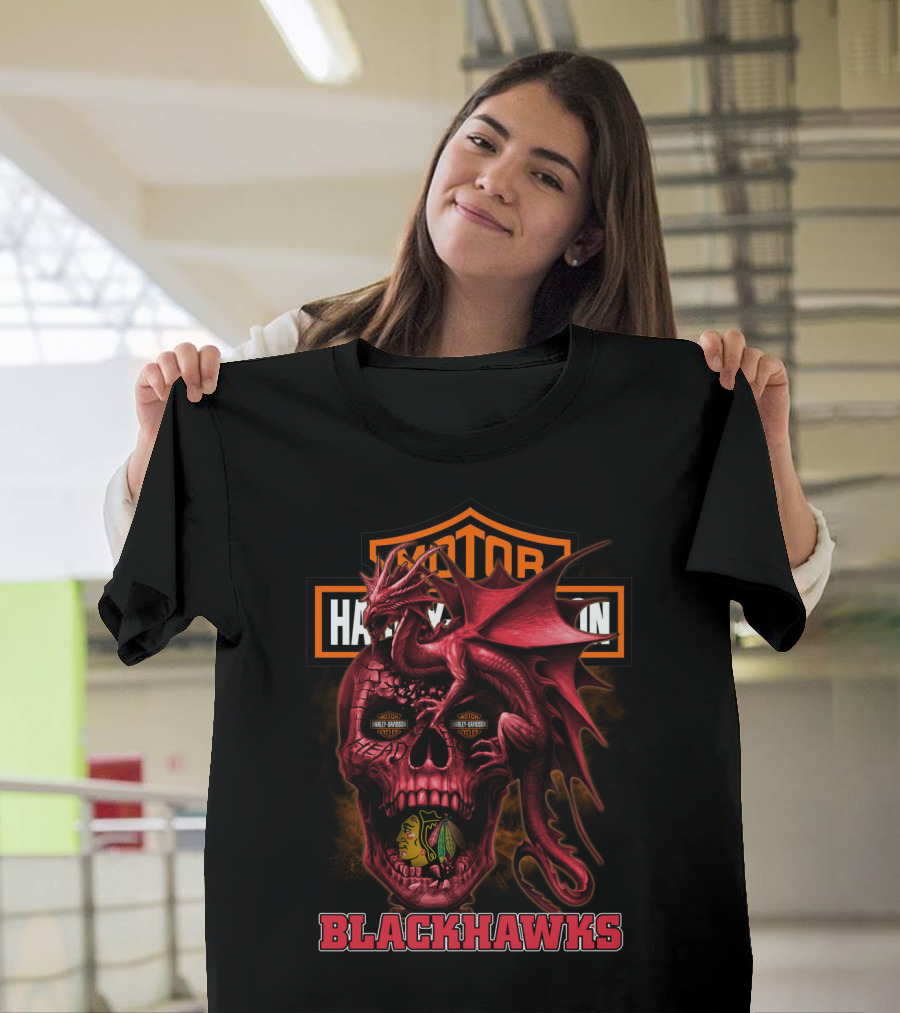 Chicago Blackhawks Red Dragon Skull With Harley Davidson Styles T-Shirt