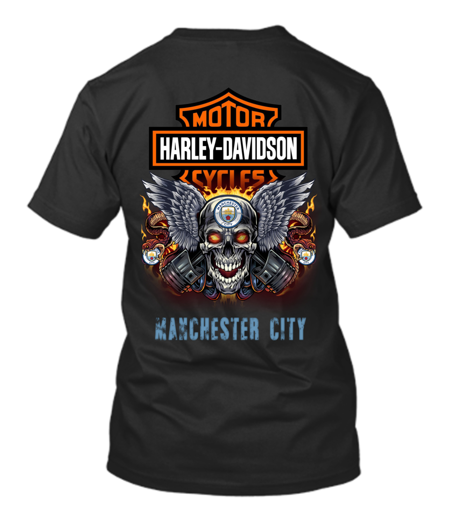 Harley Davidson Motor Cycles Manchester City Skull Wings Flames T-Shirt