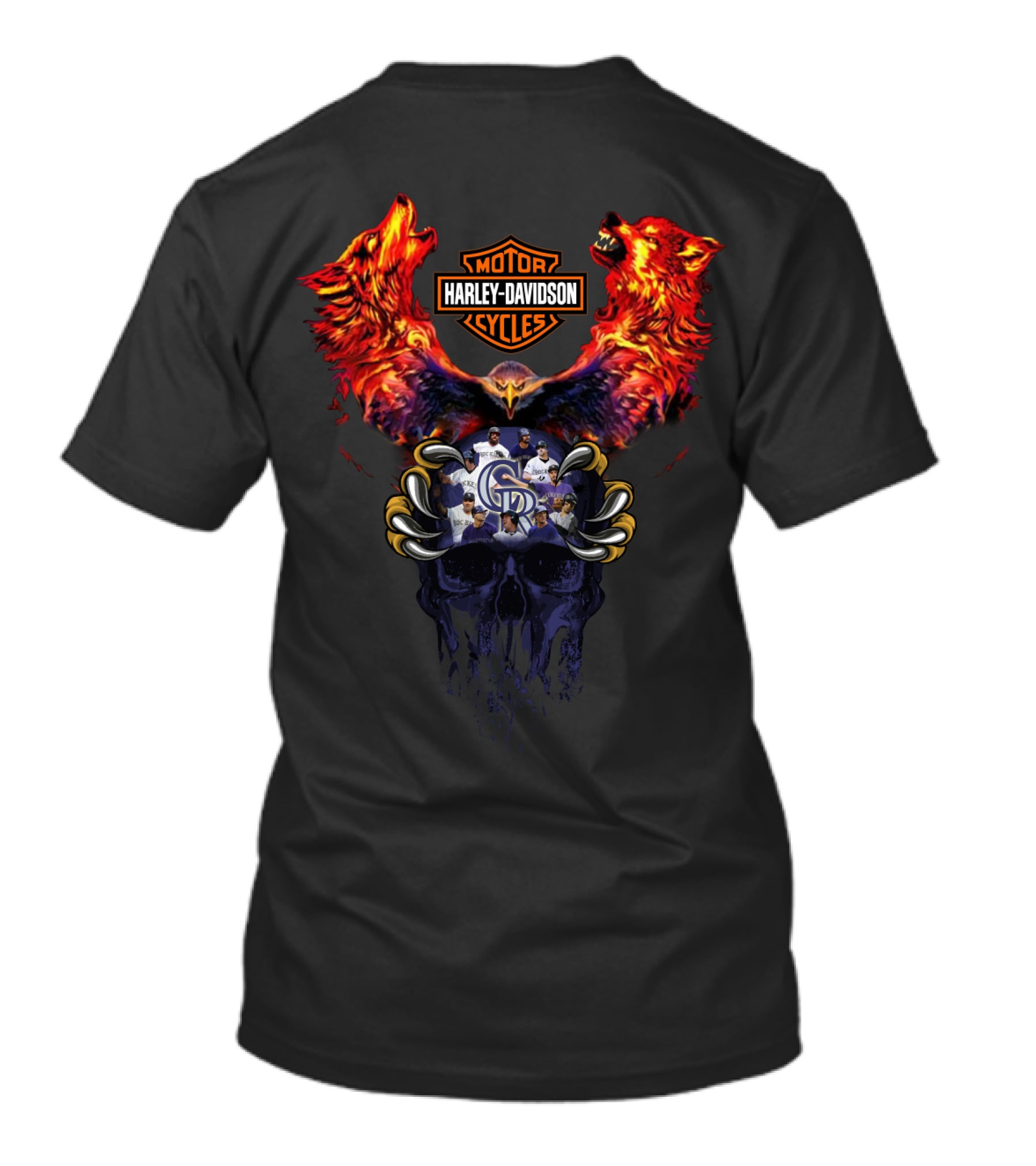 Harley Davidson Motor Cycles Colorado Rockies Wolf Eagle Skull T-Shirt