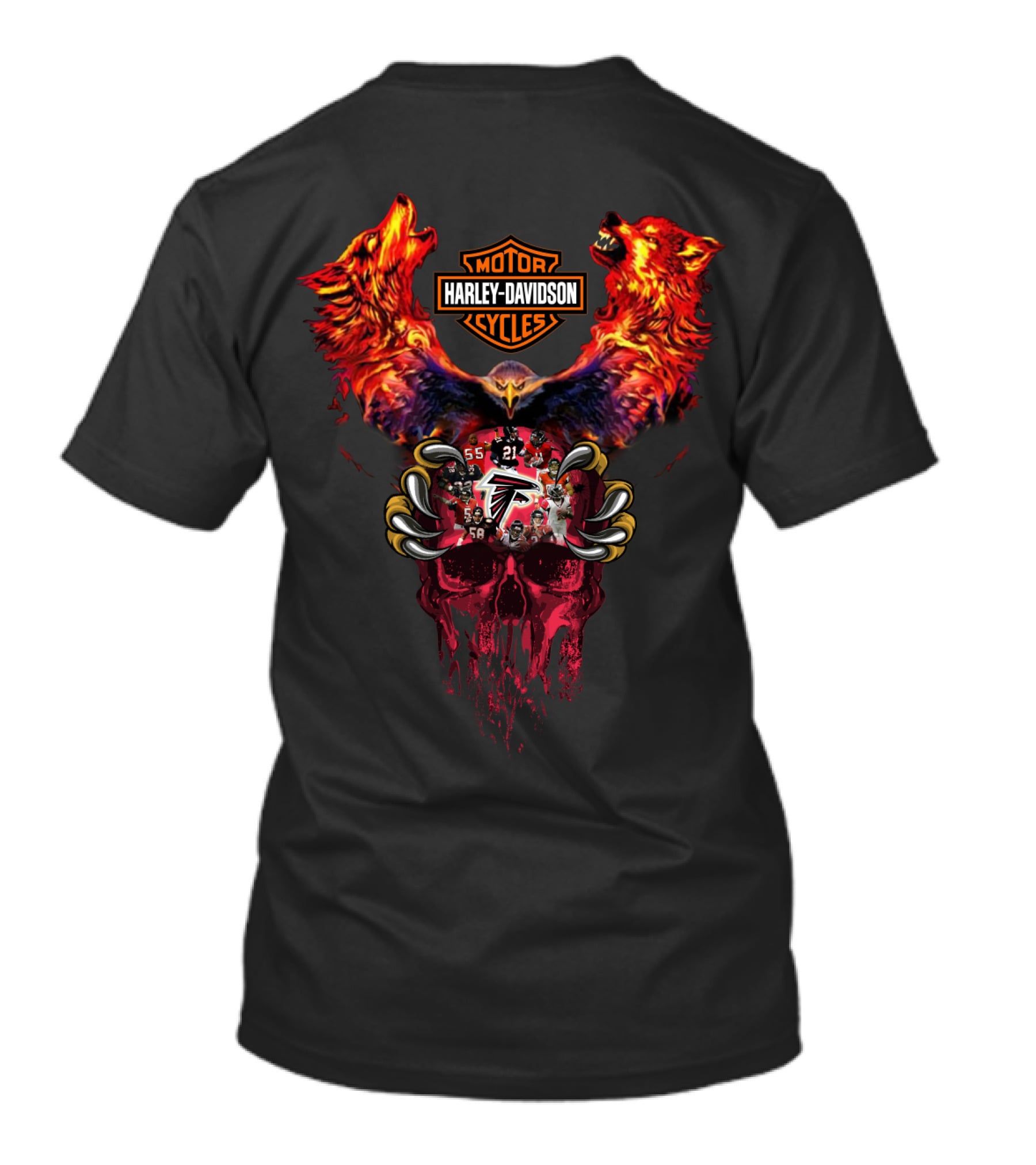 Harley Davidson Atlanta Falcons Skull With Wolves And Eagle T-Shirt