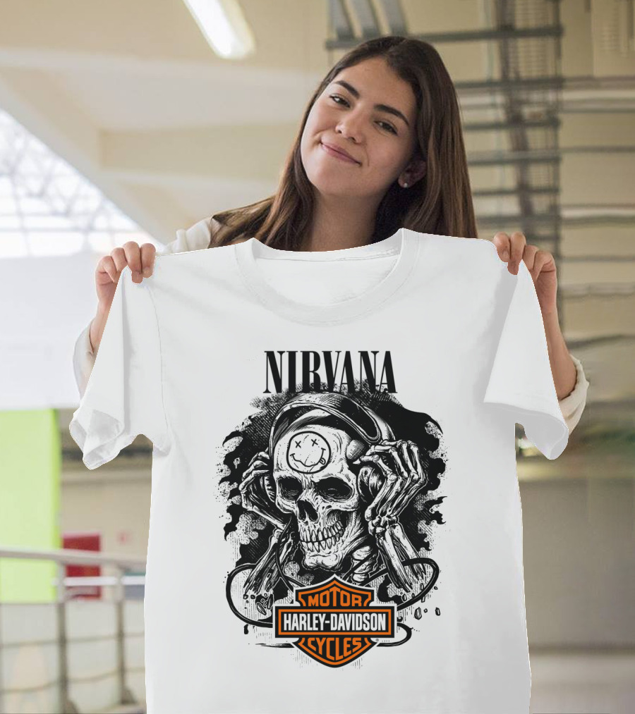 Nirvana Harley Davidson Skull With Headphones T-Shirt