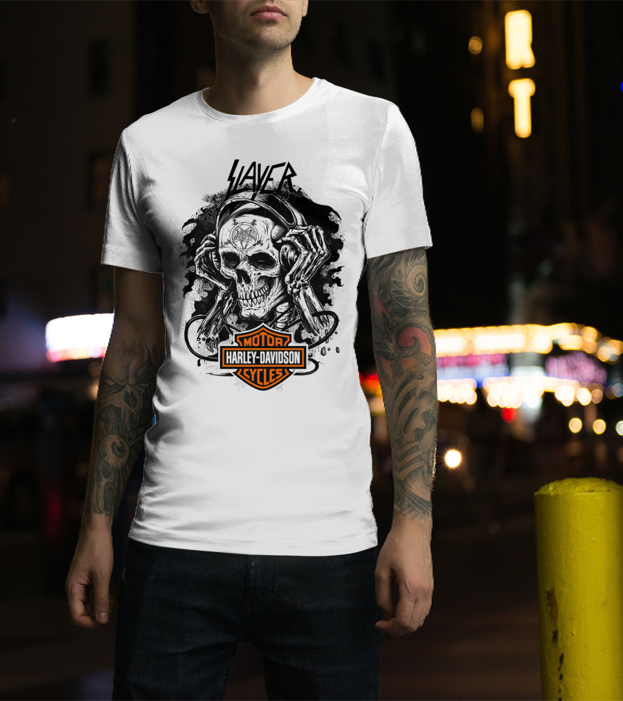 Slayer Skull With Harley Davidson Motorcycles T-Shirt