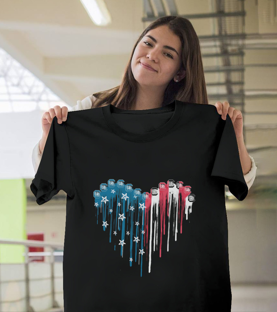 South Carolina Gamecocks American Flag Heart Dripping Stars And Stripes T-Shirt
