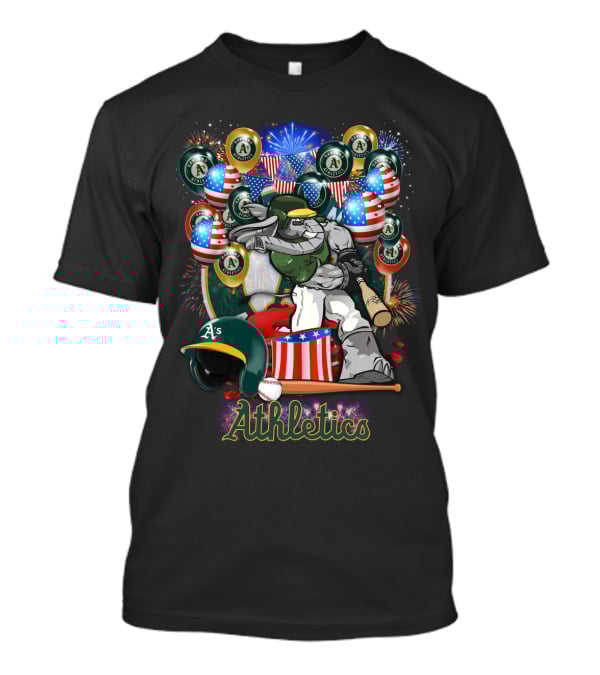 Mlb Oakland Athletics Fireworks Celebration With American Flags And Baseball Elements T-Shirt