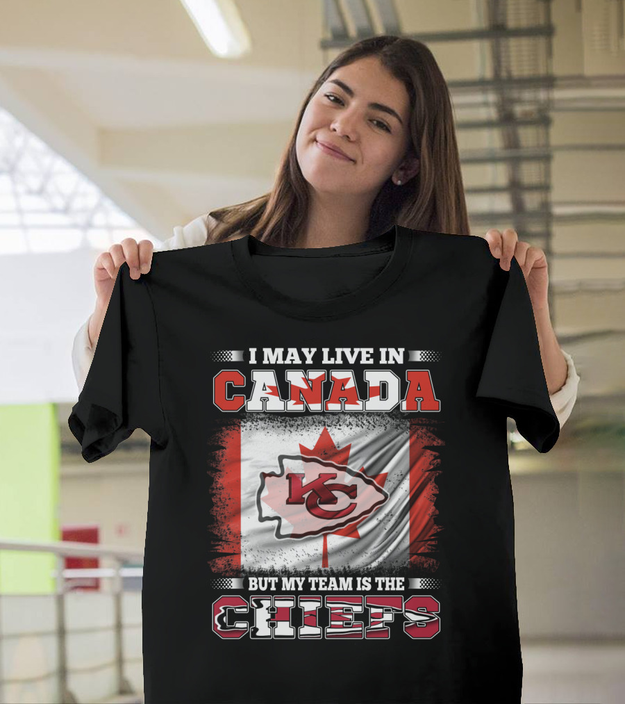 Chiefs Enthusiast Living in Canada with Kansas City Logo and Canadian Flag Background T-Shirt