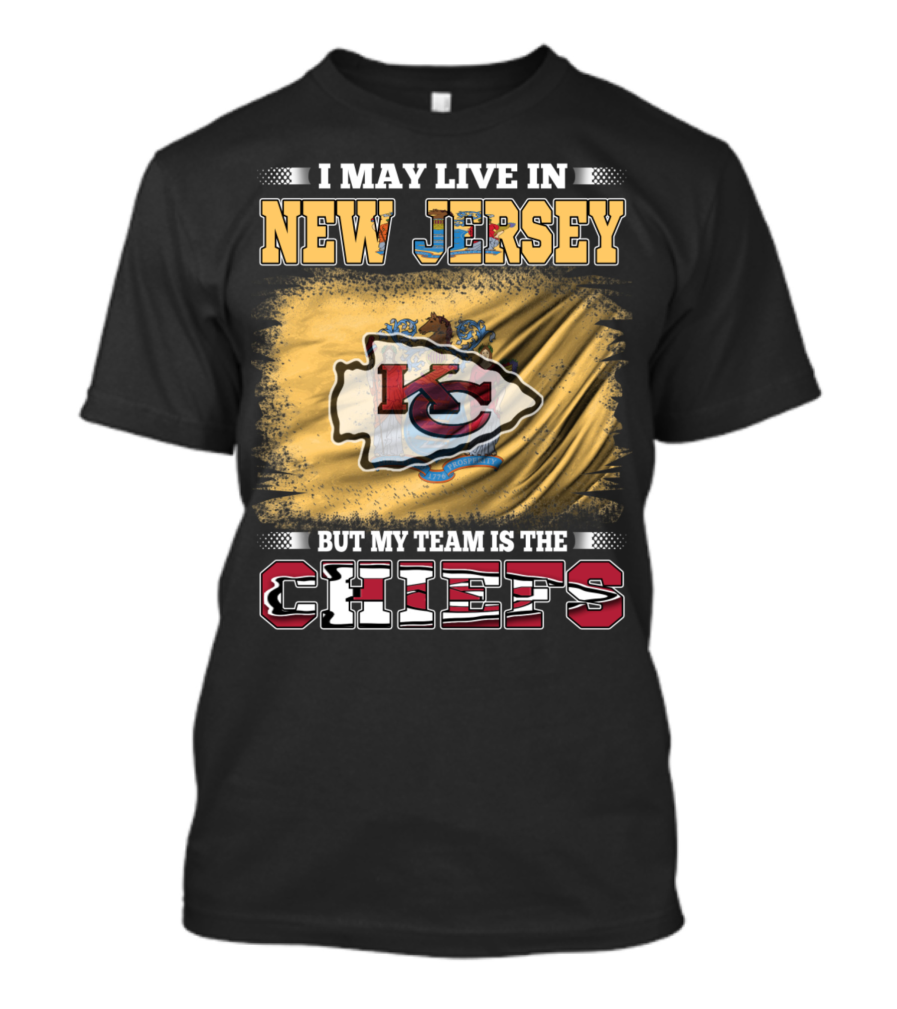 I May Live In New Jersey But My Team Is The Chiefs KC Crest T-Shirt