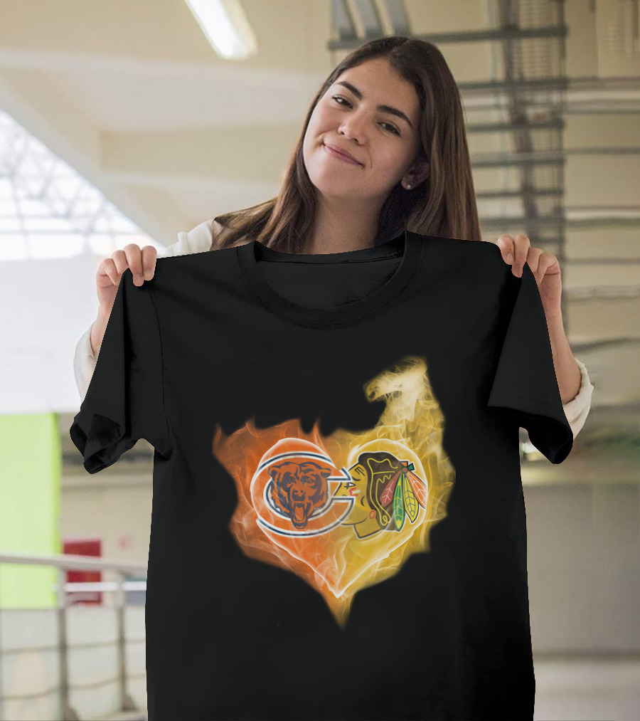 Bears Chicago Blackhawks Fire Heart T-Shirt