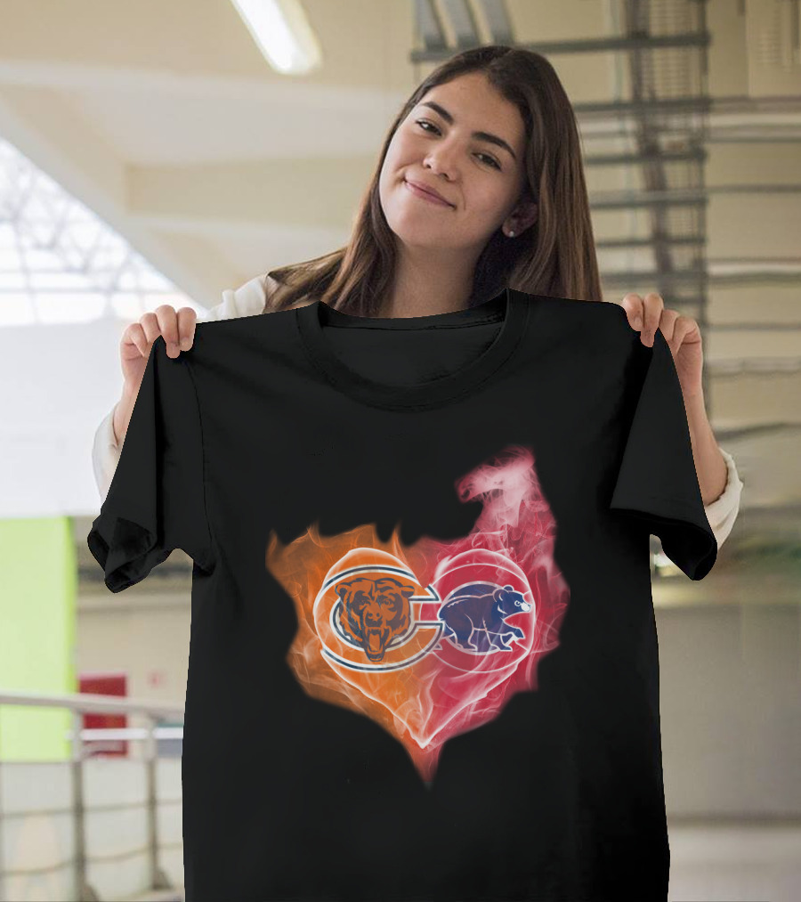 Chicago Bears Cubs Heart Fire Logo Fusion T-Shirt