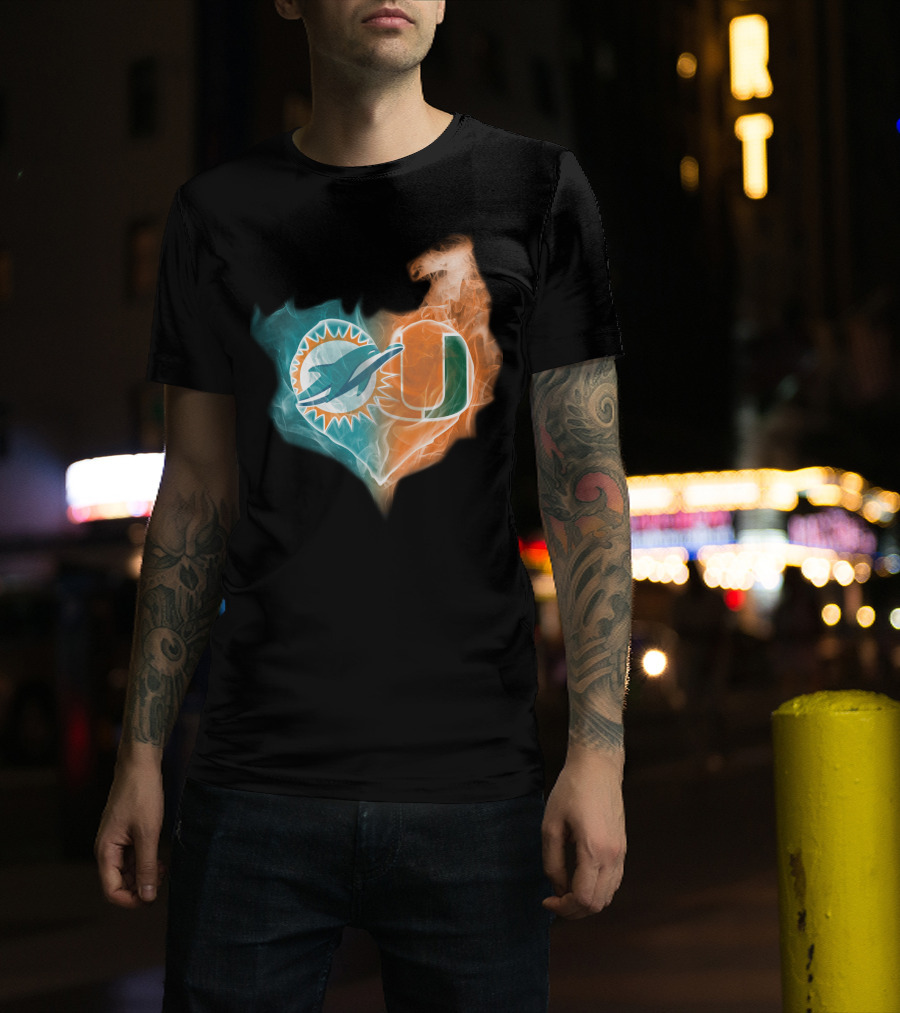 Miami Dolphins Hurricanes Heart Logo Fusion T-Shirt