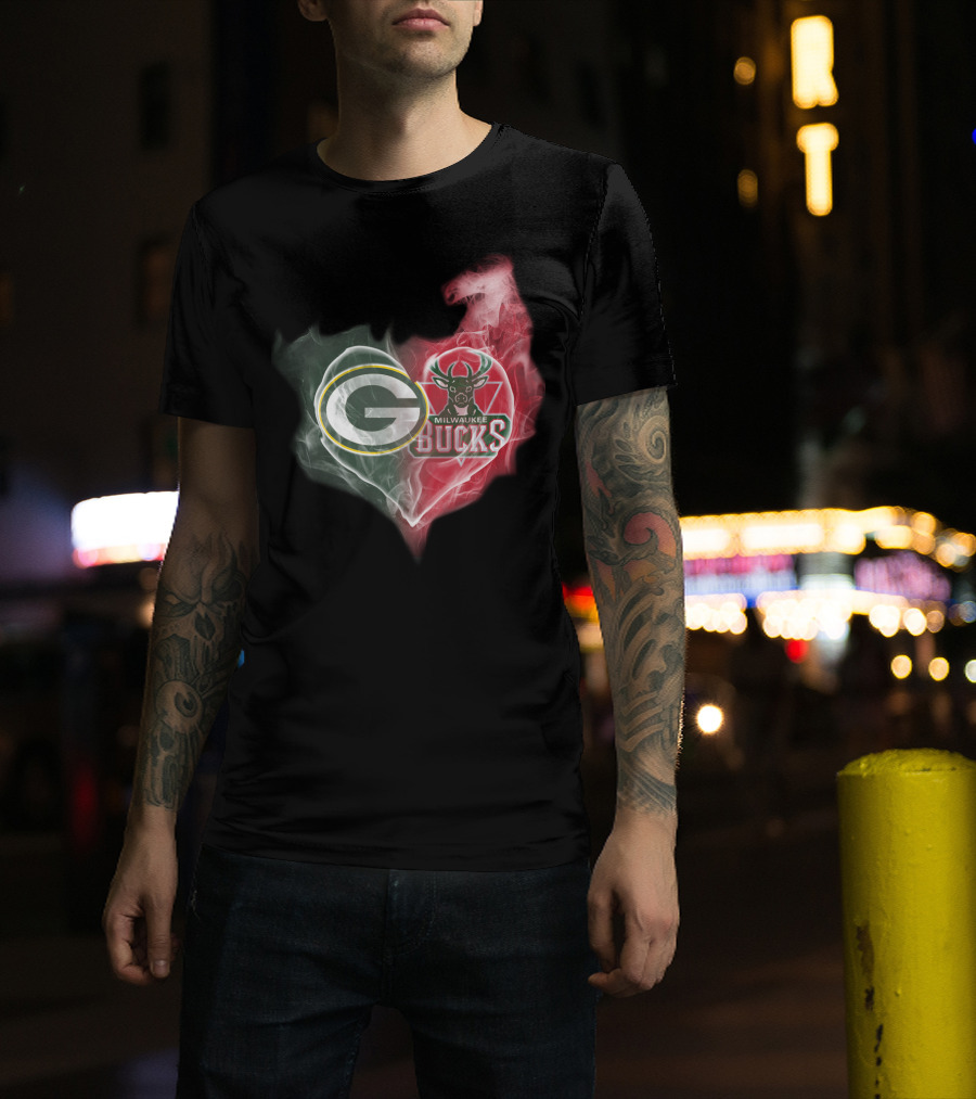 Green Bay Packers And Milwaukee Bucks Heart Fusion T-Shirt